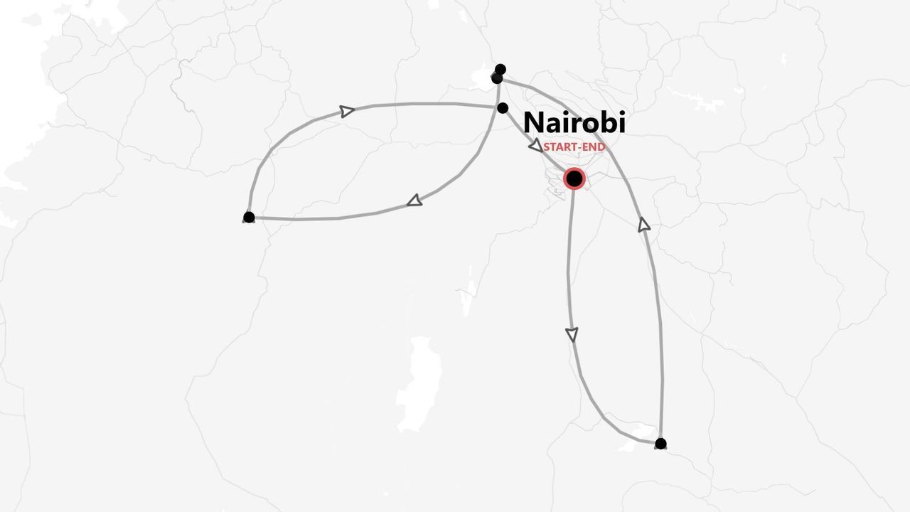 Un mapa que muestra un itinerario de viaje con dos circuitos que comienza y termina en Nairobi.