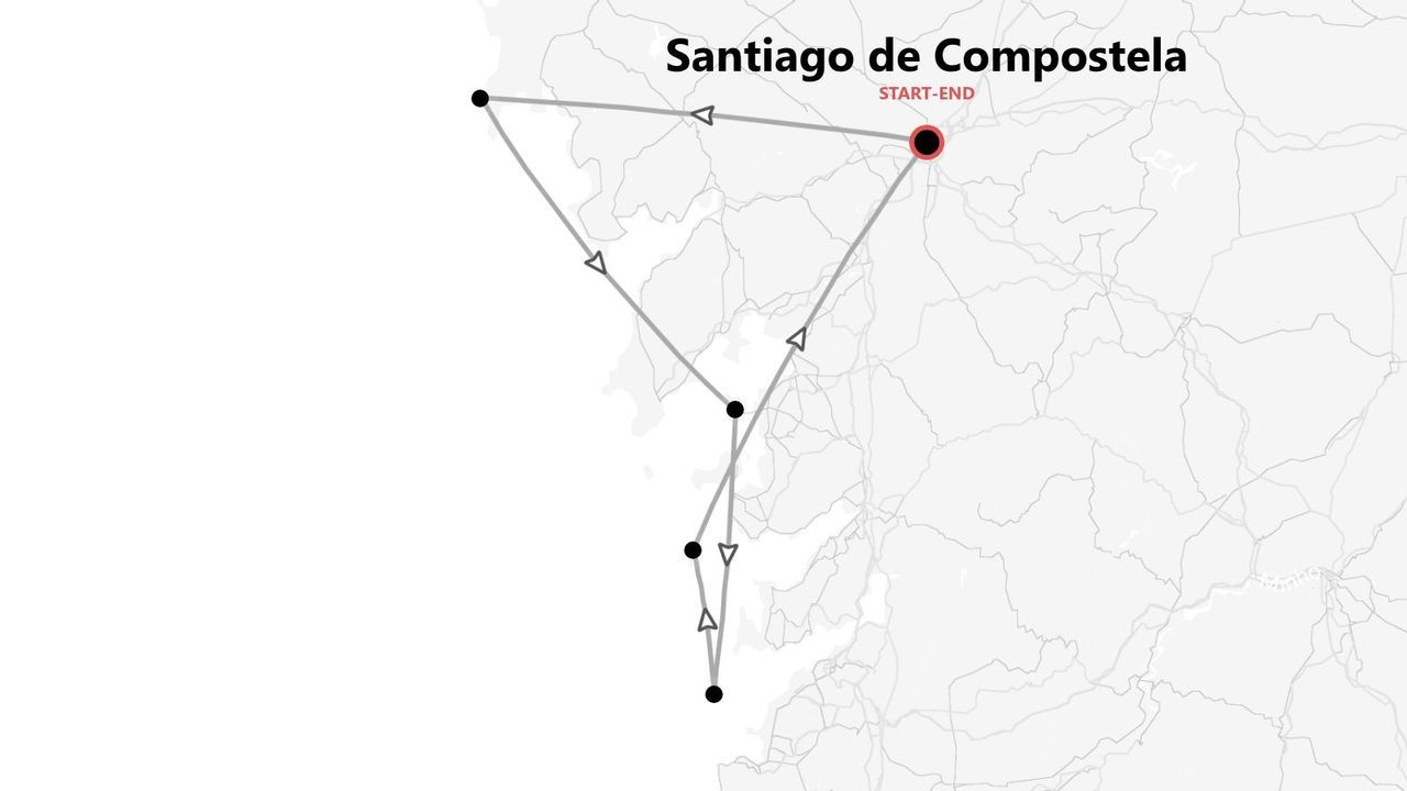 Un mapa minimalista que muestra una ruta de viaje con inicio y fin en Santiago de Compostela, marcada con líneas y puntos.