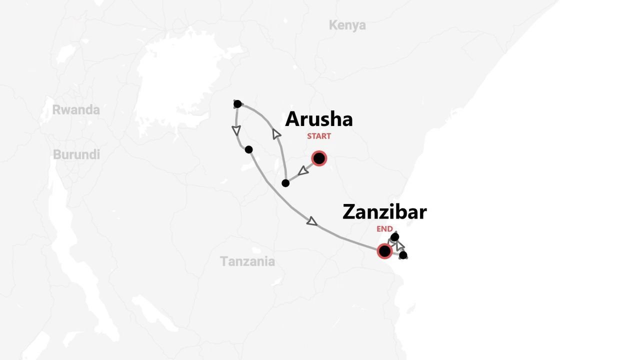 Un mapa del itinerario de viaje por Tanzania, desde Arusha hasta Zanzíbar.