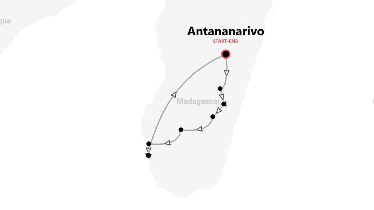 Un mapa de itinerario de viaje para Madagascar, con inicio y fin en Antananarivo.