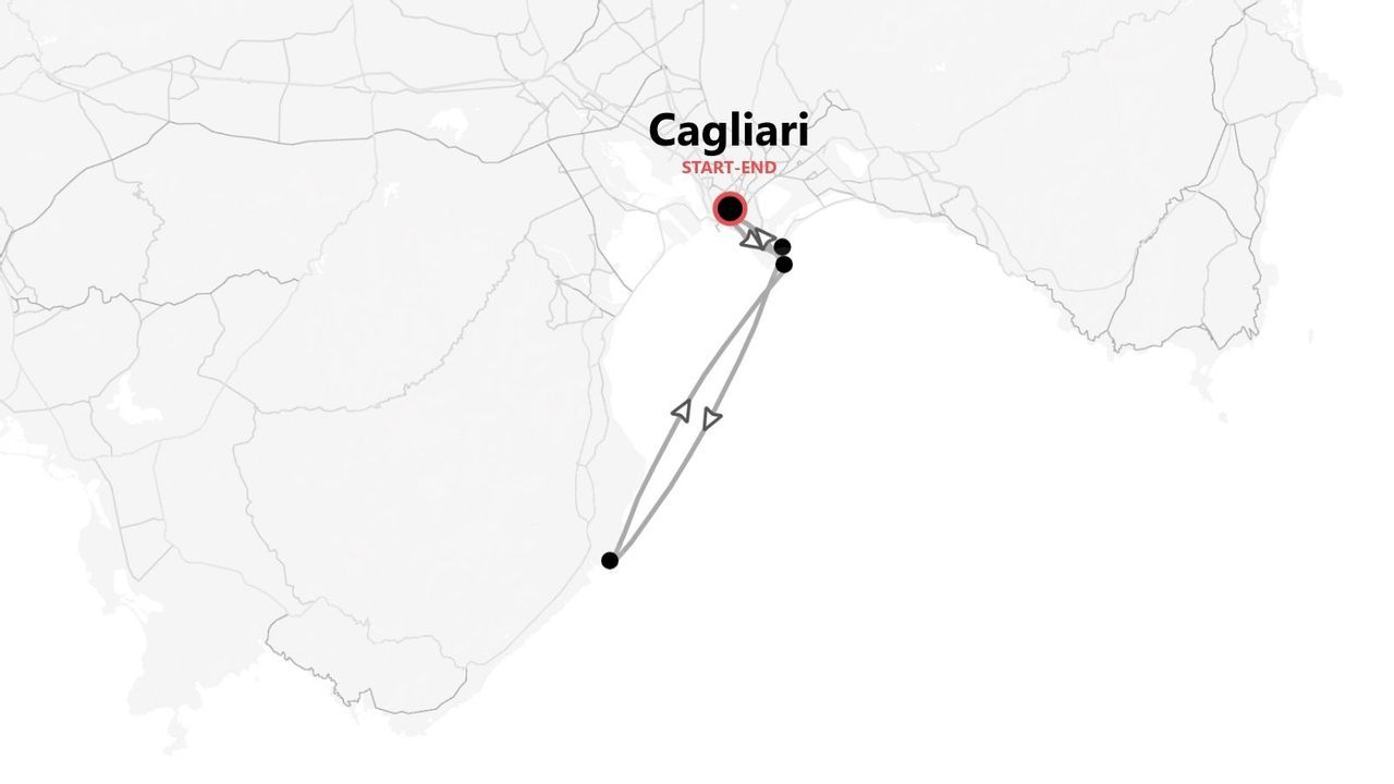 Mapa de una ruta de viaje con inicio y fin en Cagliari.