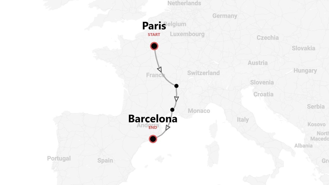 Un mapa que muestra una ruta de viaje desde París, Francia, hasta Barcelona, España, con varias paradas en el camino.