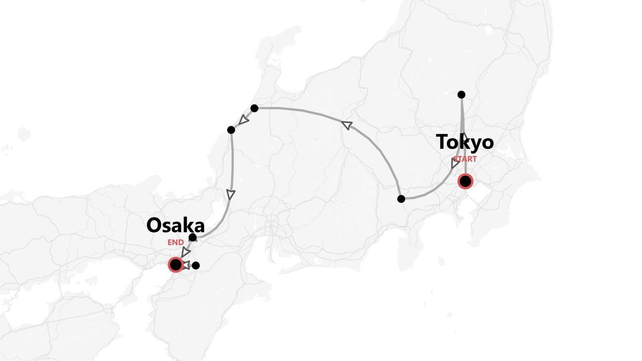 Mapa de un itinerario de viaje en Japón, con una ruta que comienza en Tokio y termina en Osaka.