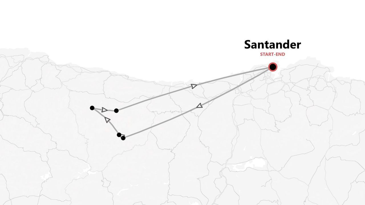 Un mapa minimalista que detalla un itinerario de viaje. La ruta, en forma de bucle, se inicia y finaliza en la ciudad de Santander, señalizada con líneas y puntos.
