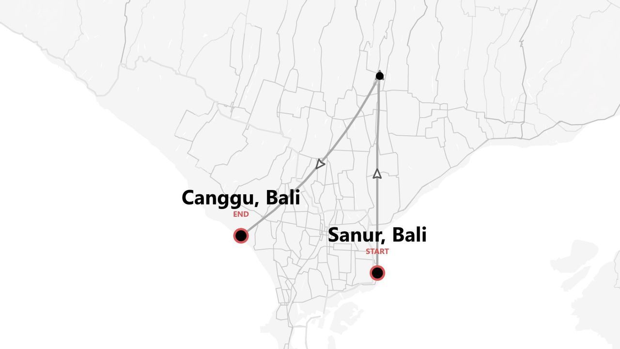 Un mapa de Bali muestra una ruta de viaje de Sanur a Canggu