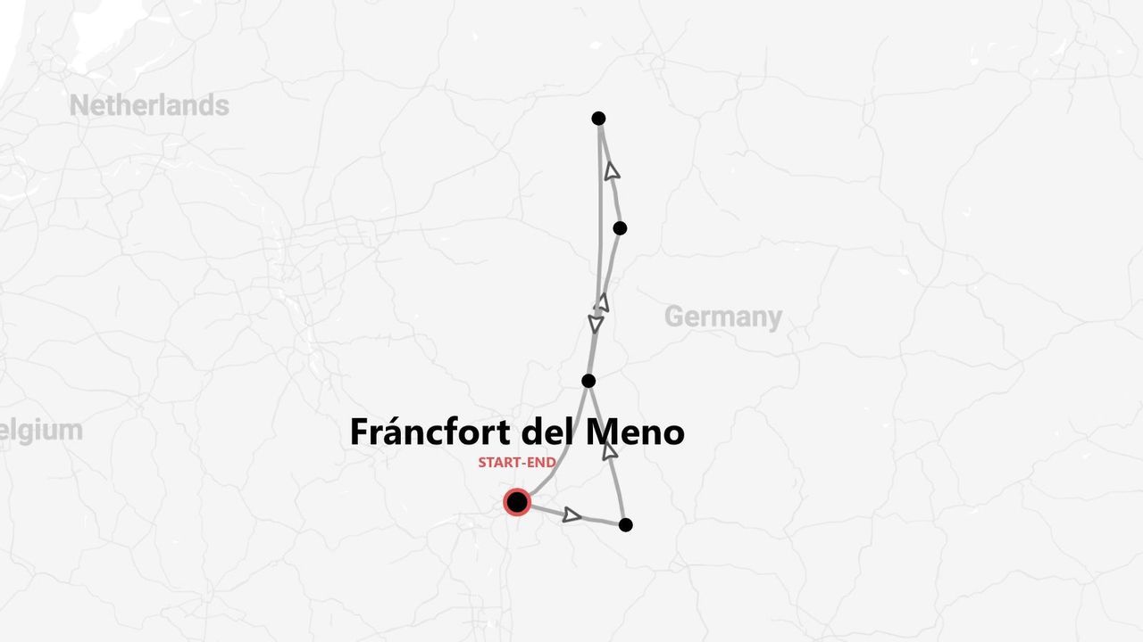 Mapa de una ruta de viaje por Alemania, con un circuito destacado que comienza y termina en Fráncfort del Meno.