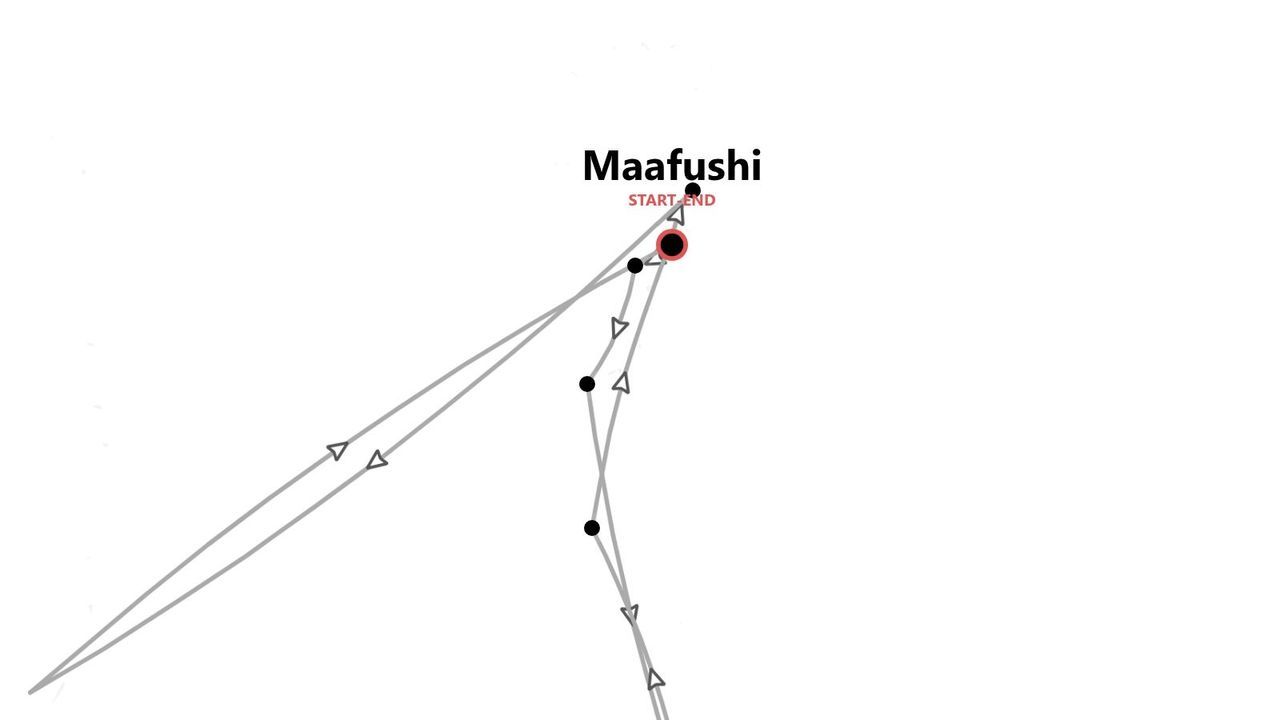 Una mappa minimalista che mostra un itinerario di viaggio con partenza e arrivo a Maafushi.