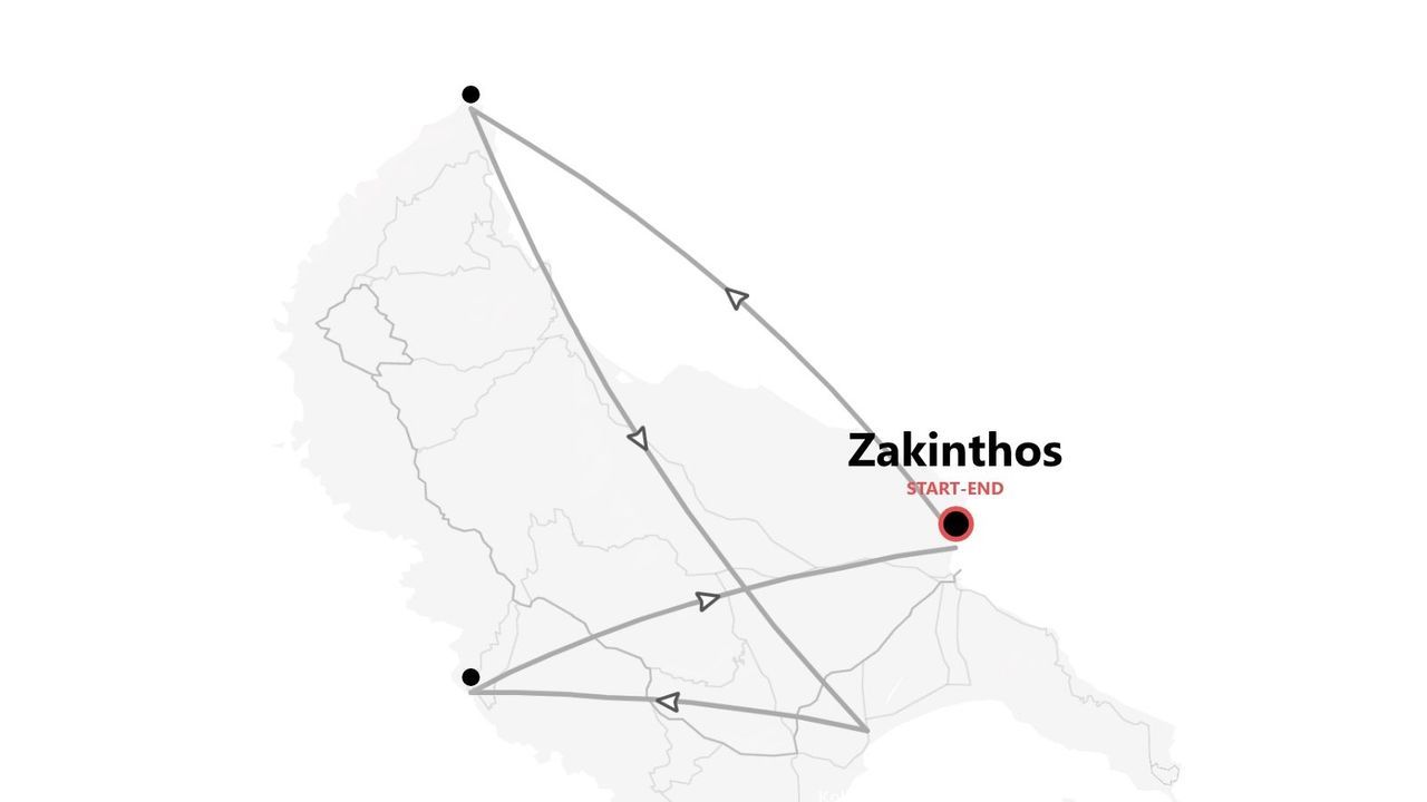 Mappa dell'itinerario di viaggio sull'isola di Zante, con inizio e fine.