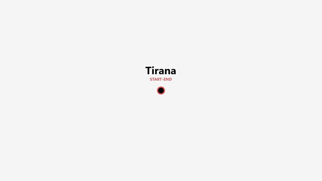 Mappa grafica minimalista che indica Tirana come punto di partenza e arrivo di un itinerario, contrassegnata da un'icona circolare rossa e nera.