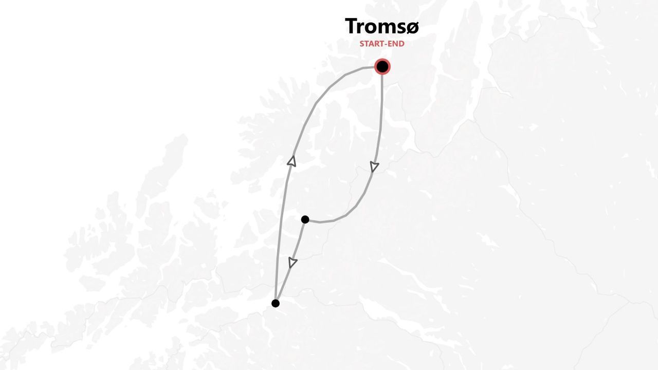 Eine minimalistische Karte mit einer Reiseroute durch Norwegen, die in Tromsø beginnt und endet.
