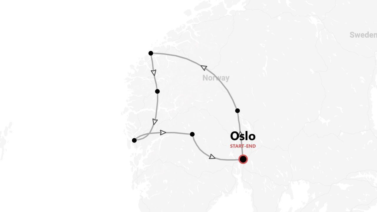 Eine Norwegenkarte mit einer Reiseroute, die in Oslo beginnt und endet, und deren Verlauf durch eine geschwungene graue Linie dargestellt ist.