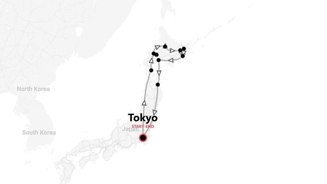 Mappa di un itinerario di viaggio in Giappone, con partenza e arrivo a Tokyo e un percorso ad anello nelle regioni settentrionali.