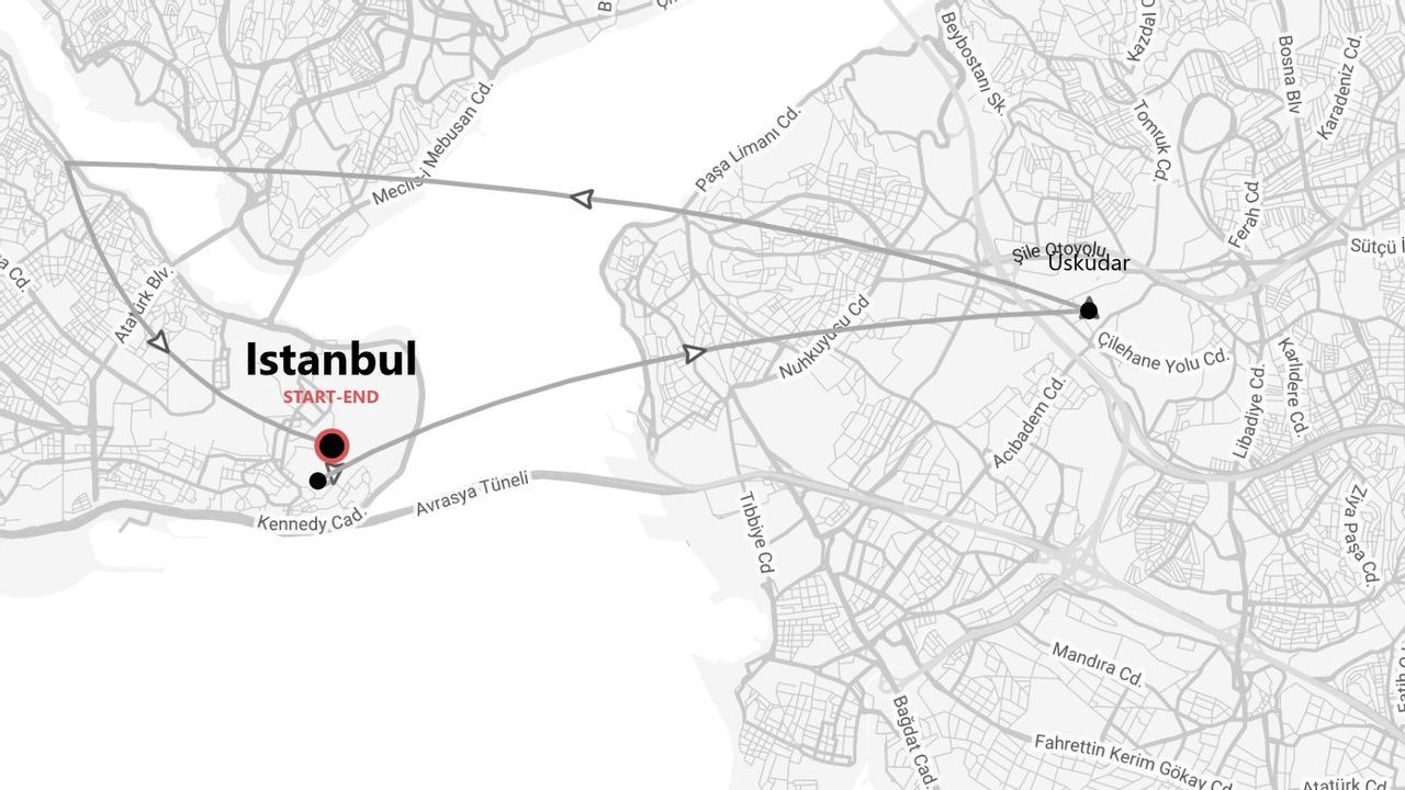 Ein Graustufen-Stadtplan von Istanbul, der eine geplante Reiseroute zeigt, die am selben Ort beginnt und endet.