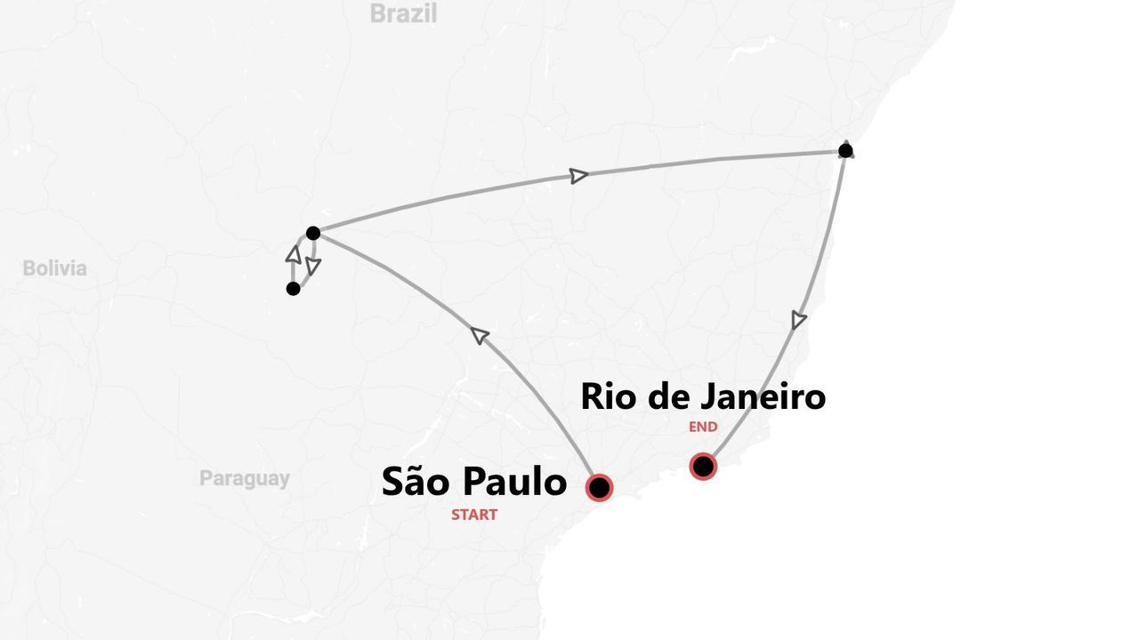 Eine Karte mit einer Reiseroute in Brasilien, beginnend in São Paulo und endend in Rio de Janeiro, mit mehreren Zwischenstopps unterwegs.