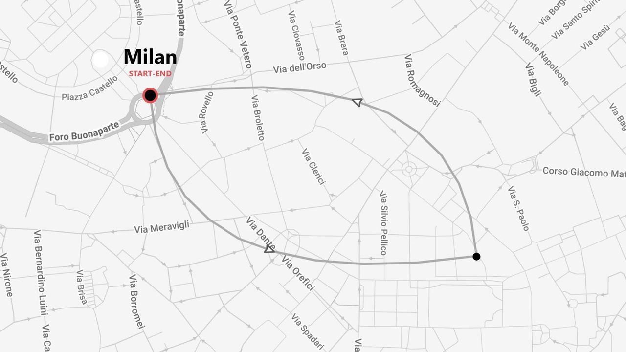 Un mapa del centro de Milán con una ruta turística que comienza y termina en la Piazza Castello, pasando por varias calles de la ciudad.