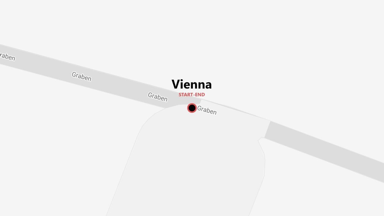 Un mapa minimalista que marca el punto de inicio y fin de una ruta en la calle Graben en Viena.