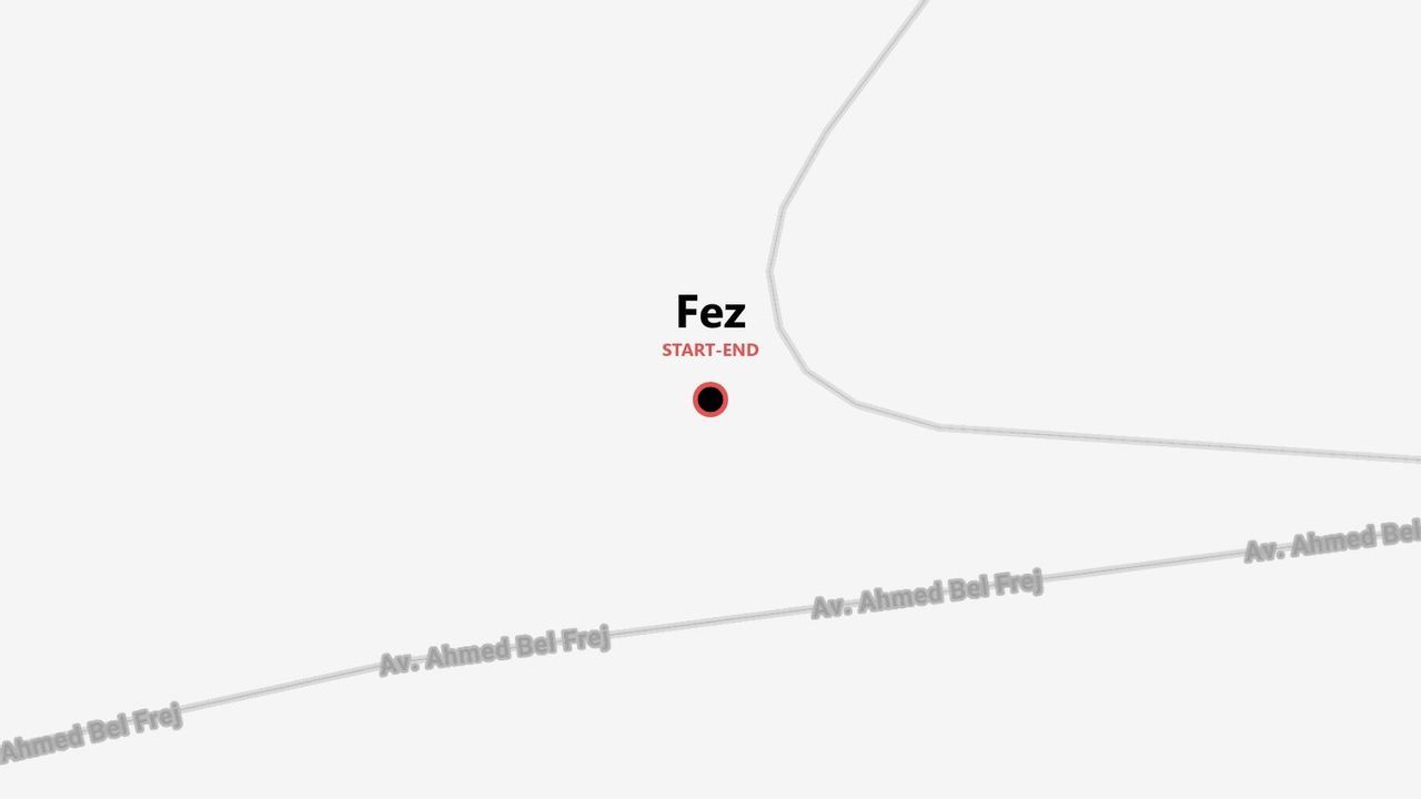 Un sencillo gráfico de mapa que indica la ciudad de Fez como punto de inicio y fin, cerca de la calle Av. Ahmed Bel Frej.