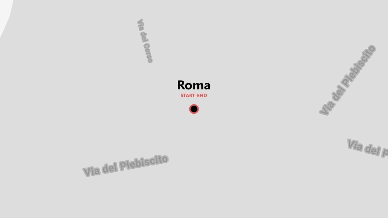 Un mapa minimalista de Roma que muestra un punto de inicio y fin cerca de las calles Via del Corso y Via del Plebiscito.
