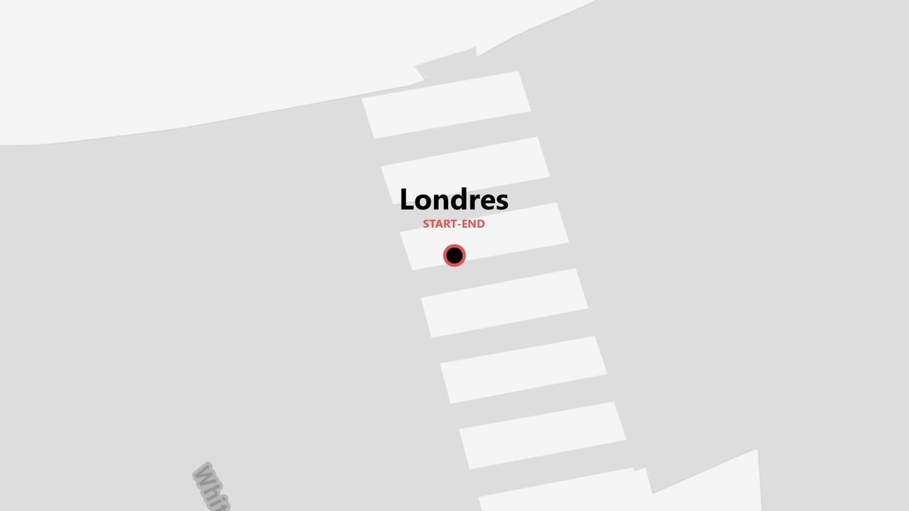 Un mapa gráfico que muestra un itinerario de viaje para Londres, marcado como punto de inicio y fin en una carretera estilizada.