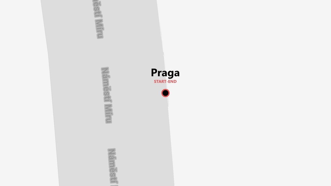 Un mapa minimalista que muestra un punto de inicio y fin en Praga, cerca de la calle Náměstí Míru.