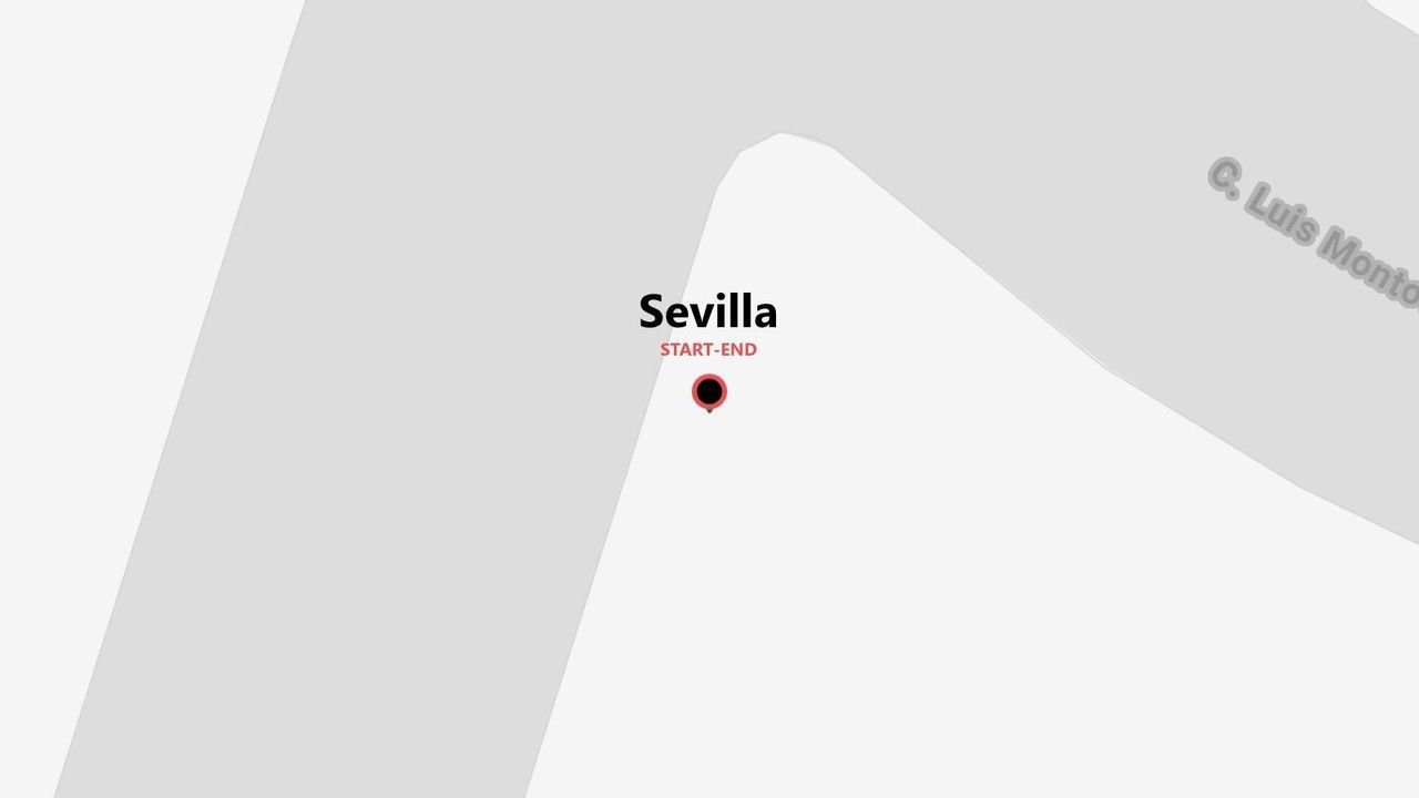 Mapa estilizado de Sevilla con un punto de inicio y fin cerca de la calle Luis Montoto.