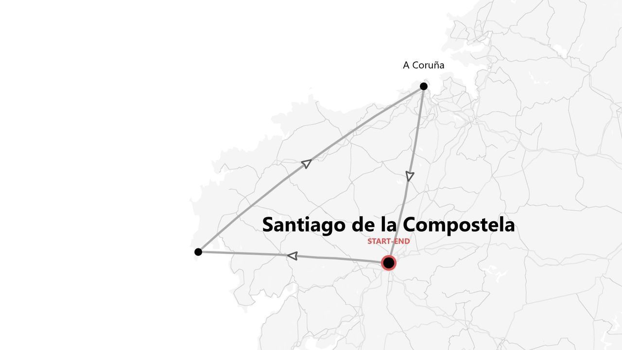 Mapa de una ruta de viaje triangular con inicio y fin en Santiago de la Compostela y paso por A Coruña.