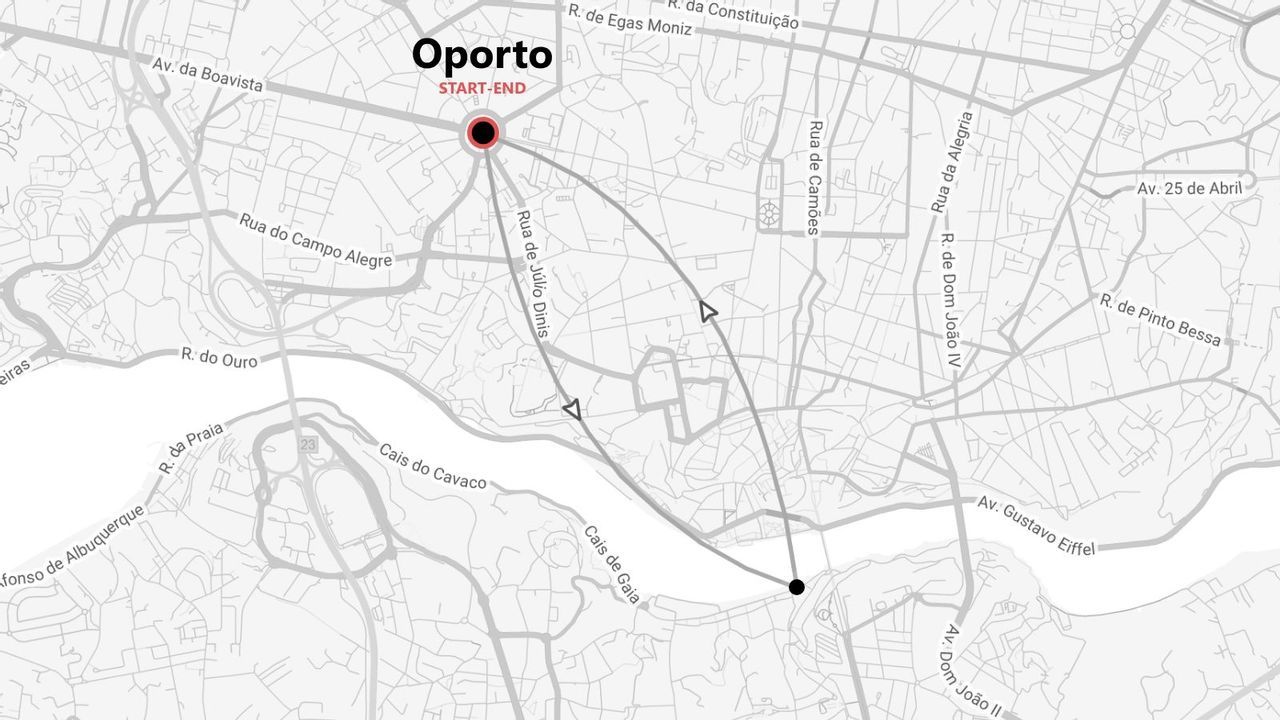 Un mapa en escala de grises que muestra un itinerario de viaje en Oporto, Portugal, con puntos de inicio y fin marcados.
