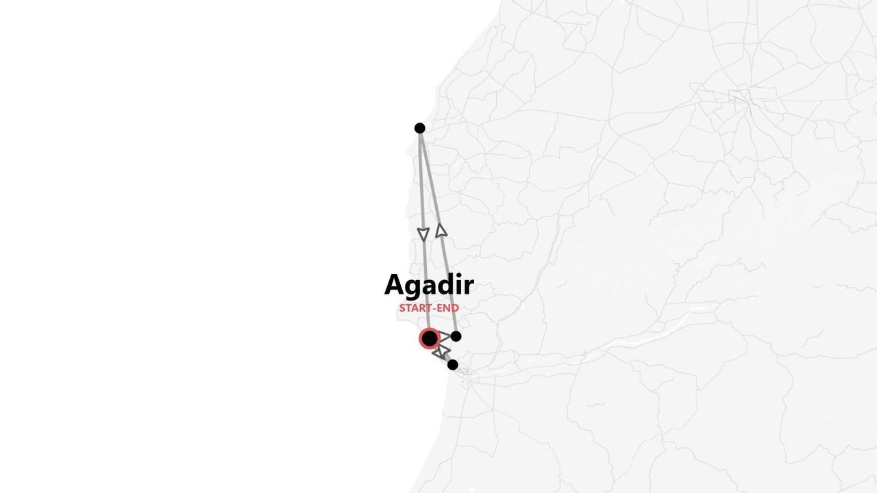 A minimalist map showing a travel itinerary starting and ending in Agadir, with the route highlighted.