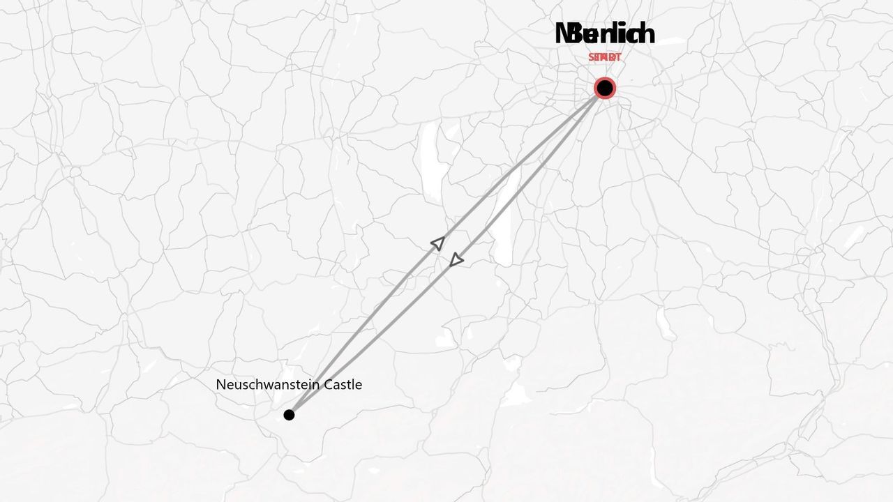A stylized map illustrating the travel route between Berlin and Neuschwanstein Castle.
