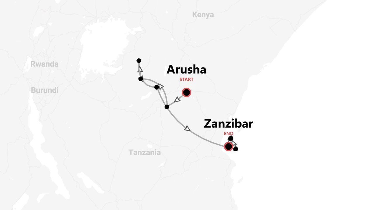 Eine Karte, die eine Reiseroute durch Tansania zeigt, beginnend in Arusha und endend in Sansibar.