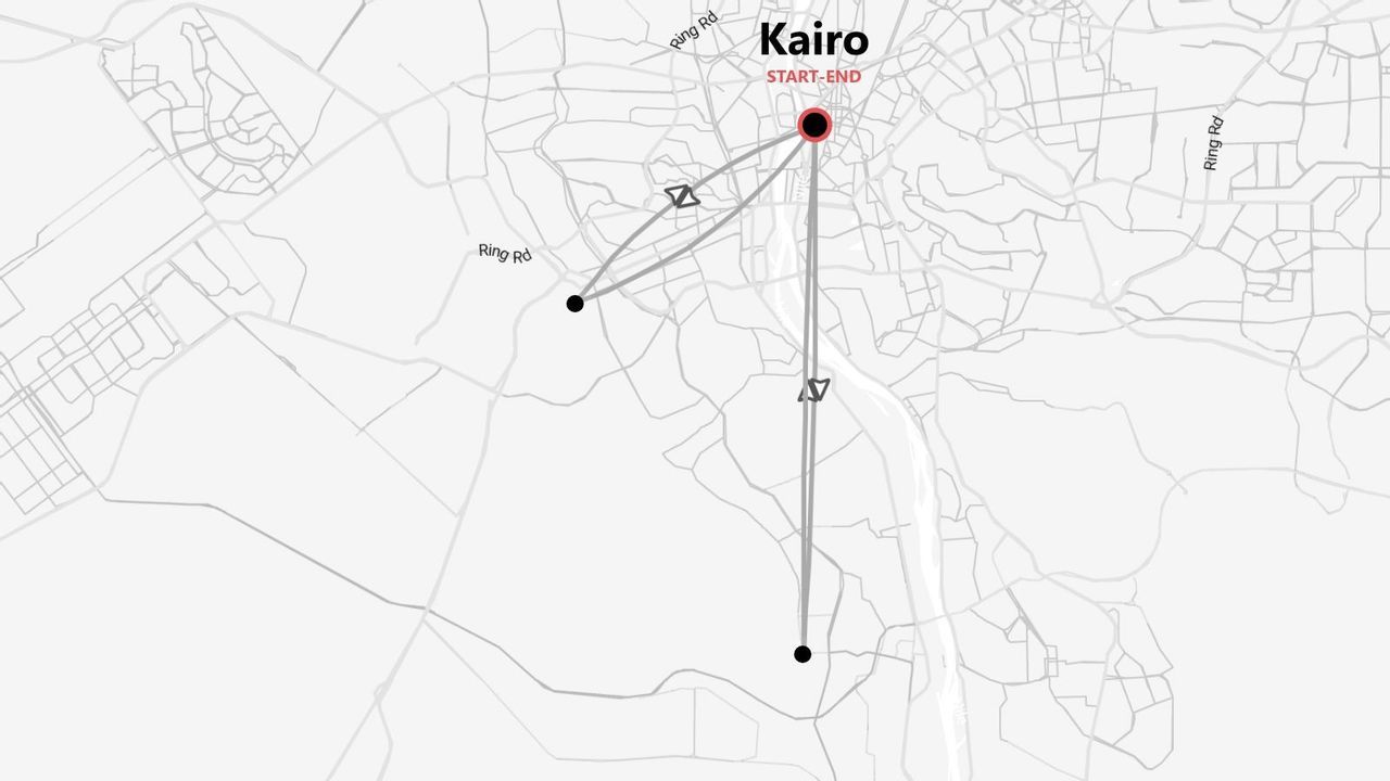 Eine schematische Karte von Kairo, die eine Reiseroute mit Start- und Endpunkt im Stadtzentrum zeigt.
