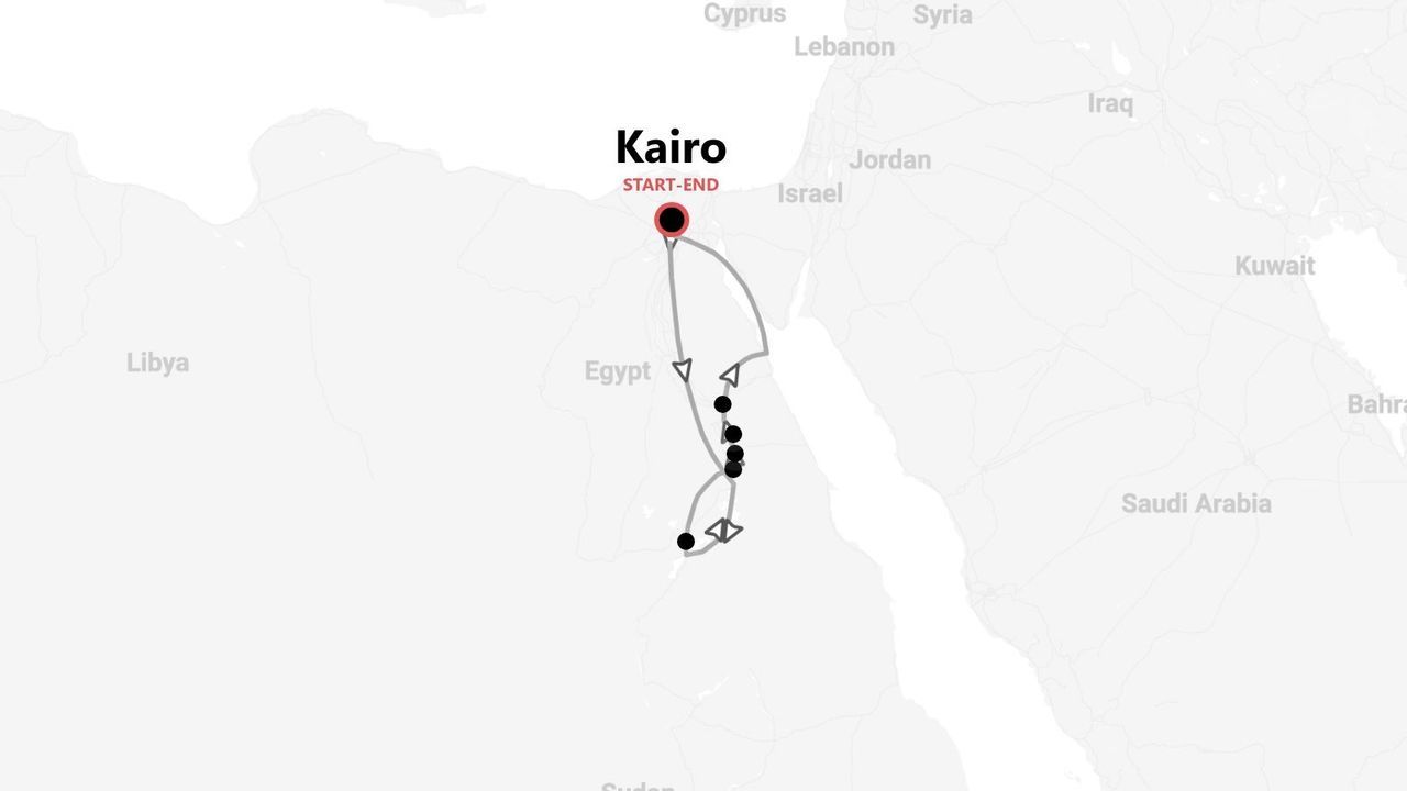 Eine Karte mit einer Reiseroute durch Ägypten, beginnend und endend in Kairo, mit mehreren Zwischenstopps.