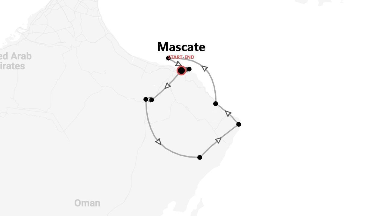 Mapa de un itinerario turístico en Omán, con la ruta que comienza y termina en la ciudad de Mascate.