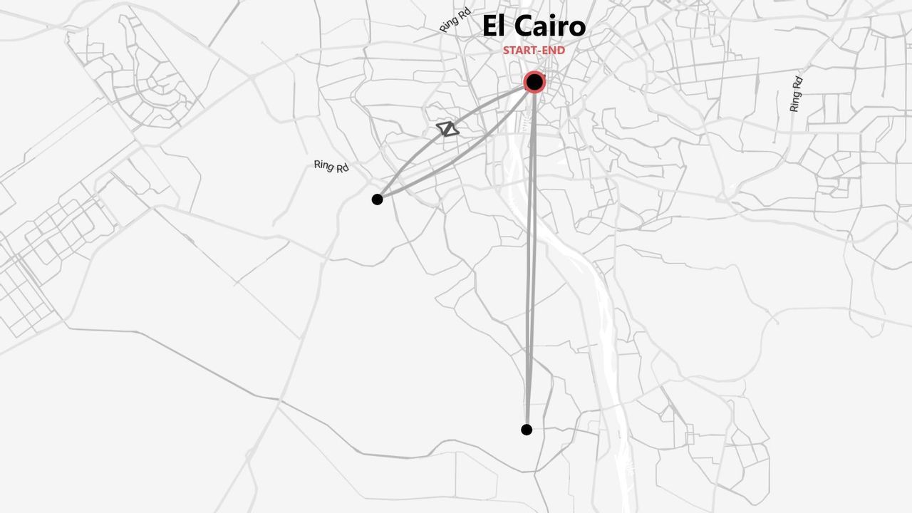 Un mapa estilizado que muestra un itinerario de viaje que comienza y termina en El Cairo, con puntos clave y rutas marcadas.