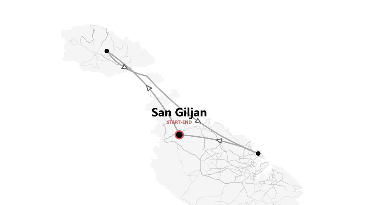 Carte minimaliste d'un itinéraire de voyage débutant et se terminant à San Giljan, reliant deux autres points de l'île.
