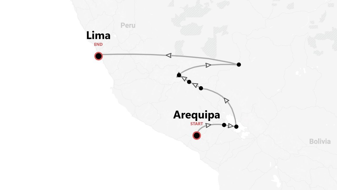 Mappa del Perù con itinerario di viaggio da Arequipa a Lima