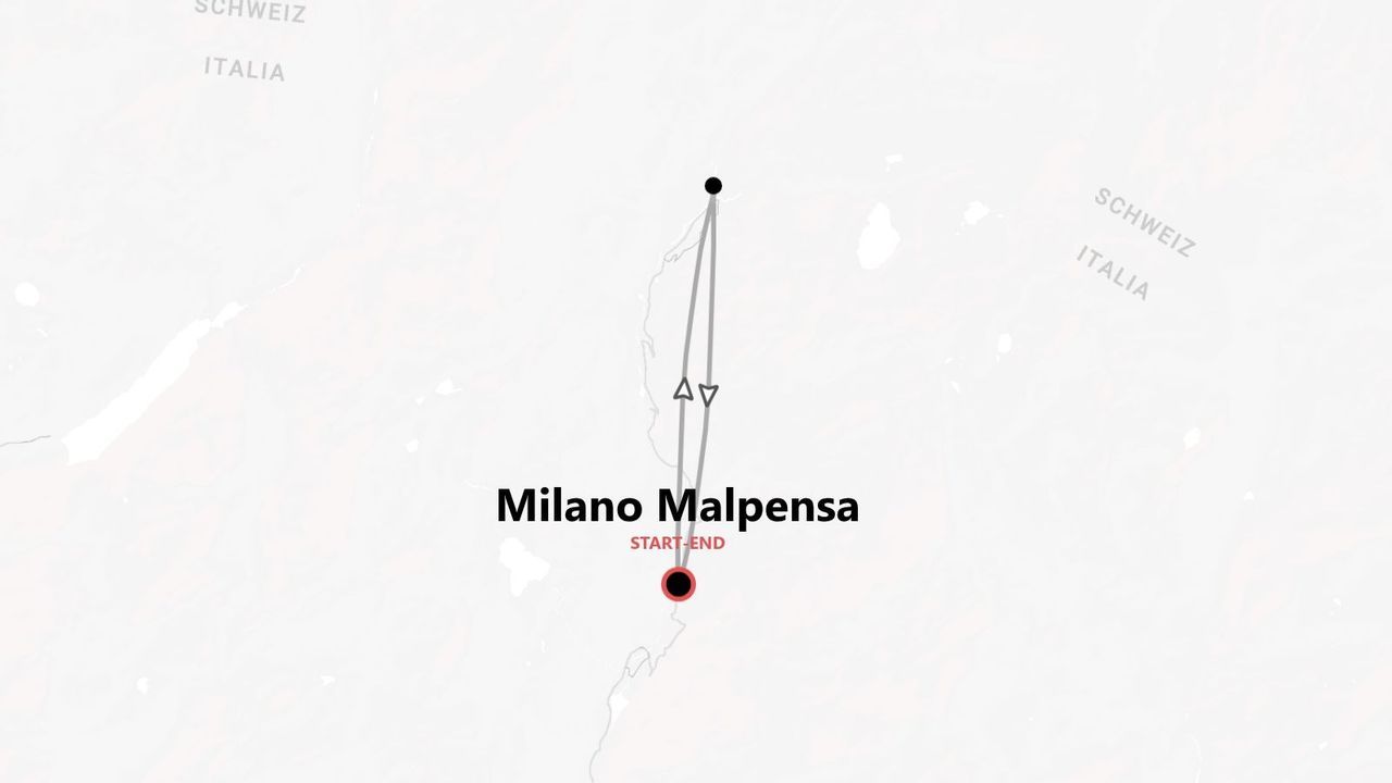 Mappa che mostra un itinerario di viaggio nell'Italia settentrionale, con partenza e arrivo a Milano Malpensa, e un percorso che si dirige verso la Svizzera.