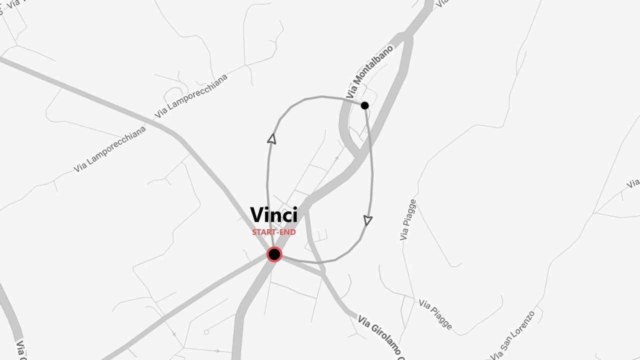 Una mappa stilizzata che mostra un percorso circolare con inizio e fine a Vinci, con strade circostanti come Via Montalbano chiaramente indicate.
