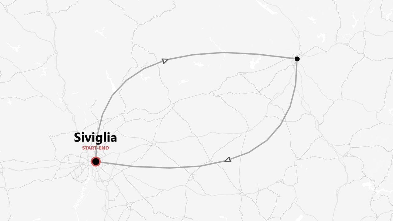 Mappa di un itinerario di viaggio a doppio anello, con partenza e arrivo a Siviglia.