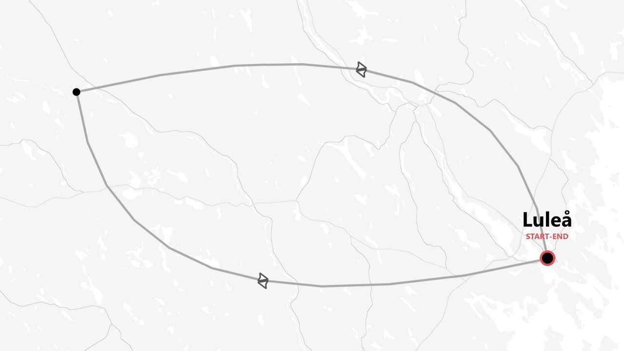 Mappa minimalista di un itinerario di viaggio circolare con partenza e arrivo a Luleå, contrassegnato da un punto rosso.
