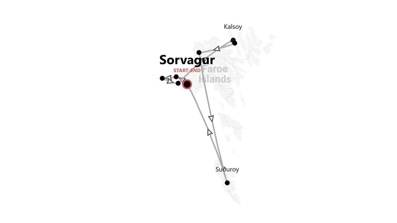 Una mappa dell'itinerario di viaggio delle Isole Fær Øer, che collega Sørvágur, Kalsoy e Suðuroy, con Sørvágur come punto di partenza e di arrivo.