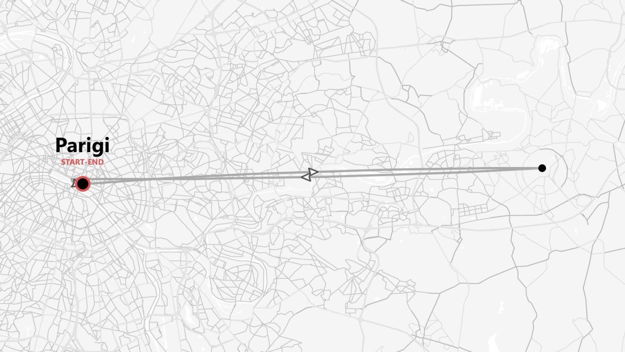 Una mappa in scala di grigi che mostra un itinerario di viaggio con un punto di partenza e di arrivo nella città di Parigi.
