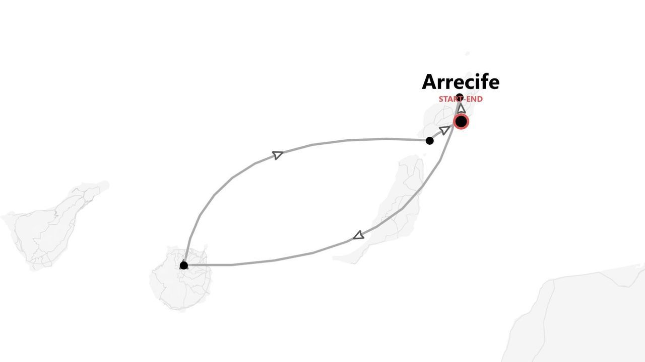 Mappa di un itinerario di viaggio circolare con inizio e fine ad Arrecife.