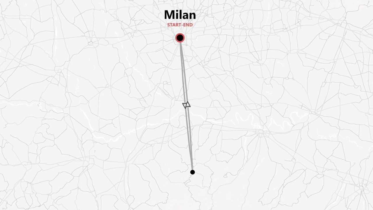 Mappa minimalista di un itinerario di viaggio con partenza e arrivo a Milano, con un percorso che si estende verso sud.