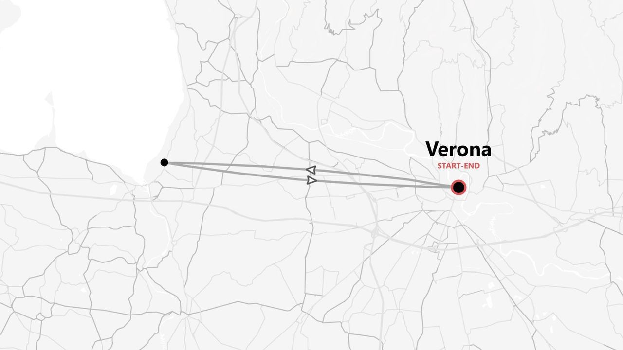 Mappa stilizzata di un itinerario circolare con Verona come punto di partenza e arrivo.