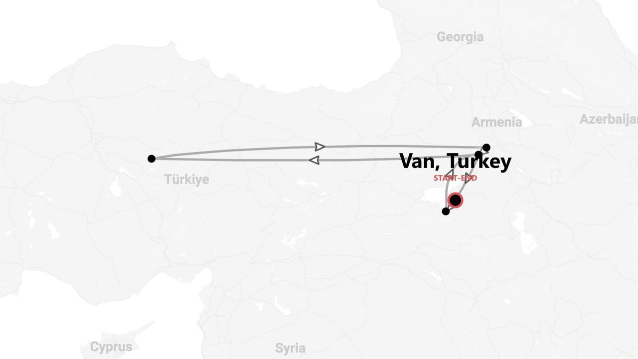 Mappa di un itinerario di viaggio in Turchia, con partenza e arrivo a Van.