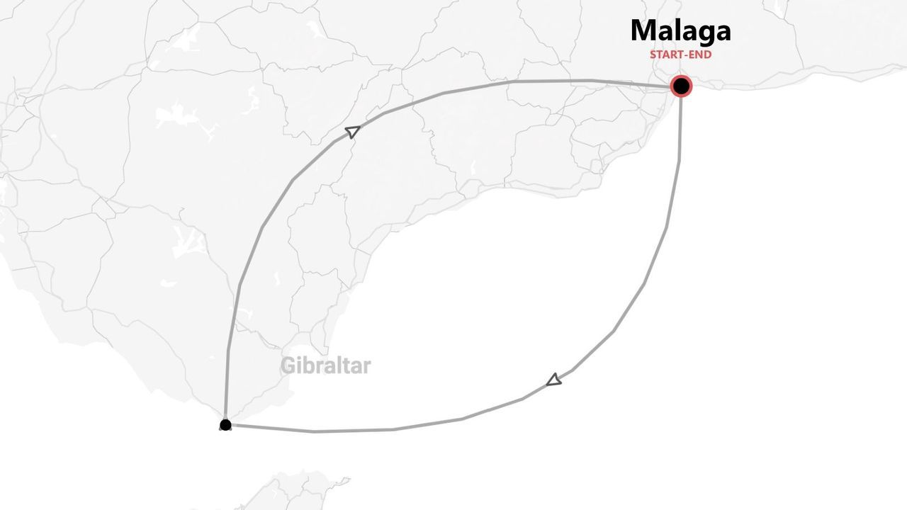 Mappa di un itinerario ad anello che parte e arriva a Malaga e passa per Gibilterra.