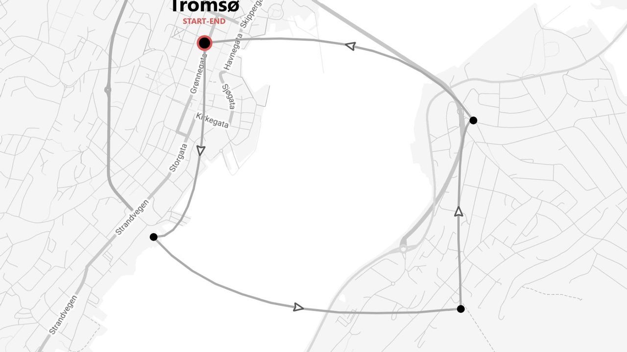 Una mappa stradale in scala di grigi di Tromsø, che mostra un percorso circolare con i punti di inizio e fine contrassegnati su Grønnegata.