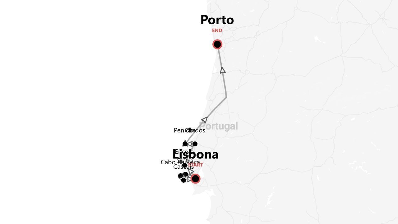 Una mappa di un itinerario di viaggio in Portogallo, da Lisbona a Porto, percorrendo la costa verso nord.