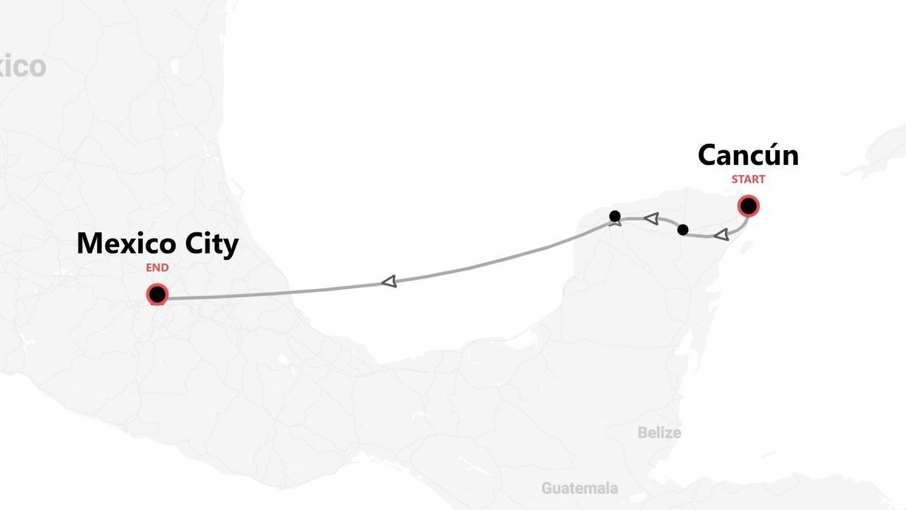 A map showing a travel route across Mexico, starting in Cancún and ending in Mexico City.